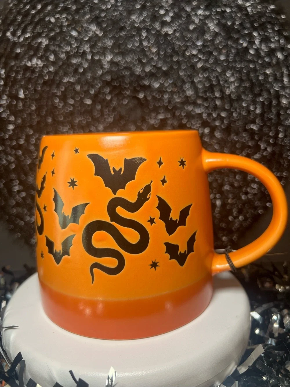 Halloween Orange Stoneware Mug with Black Bats & Snakes Large